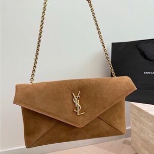 Saint Laurent Tan Suede Clutch with Gold Chain